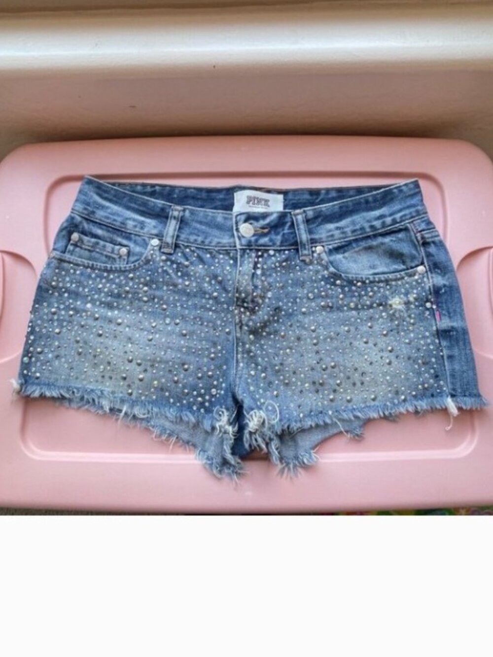 Victoria's Secret Pink Shorts Denim Jean Blue Crystals Studs Distressed Size 4